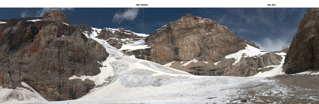 Фото 14.1 Слияние ледников с перевалов Дон и Мирали под обрывами восточного склона вер. Мирали