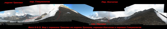 Вид с перевала Тронова на ледник Тронова, перевал Кокчетав и перевал Гляциологов (Ольга)