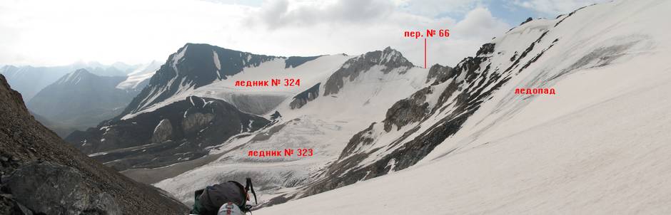Фото. 90. Панорама со склона ледника, стекающего из цирка перевала № 208, на ледник № 323 и ледник № 324