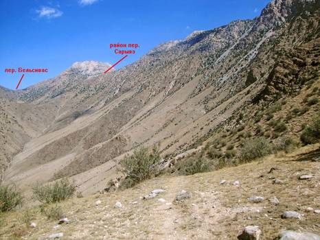 Фото 1.4. Тропа на перевал Сарыяз. Длинный траверс склона
