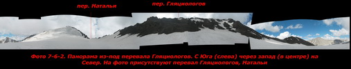 Панорама из-под перевала Гляциологов (Ольга). С Юга (слева) через запад (в центре) на Север. На фото присутствуют перевал Гляциологов (Ольга), Натальи